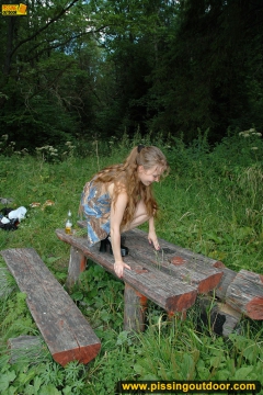 Outdoor pissing on a wooden bench - N