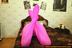 Magenta pantyhose erotic poses performed by teen blonde - N