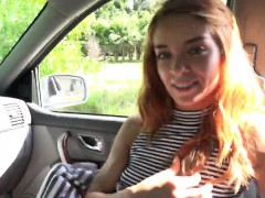Lovely blonde teen blowing step dad's cock inside his car