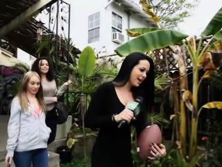 Slender teens playing around in the backyard for money