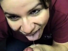 Horny sales clerk gives a blowjob and gets cummed