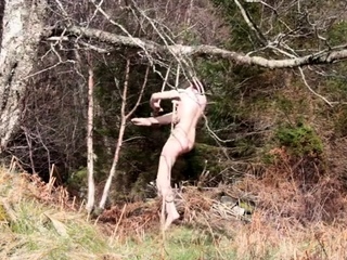 Naked self-bondage in the woods gone wrong.