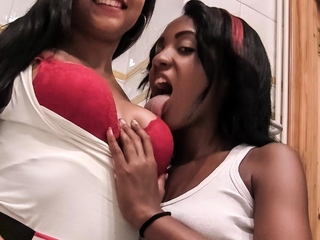 Horny Ebony Lesbians Lick and Suck Tits