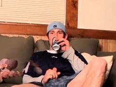 Solo young man pisses in a glass before making his dick cum
